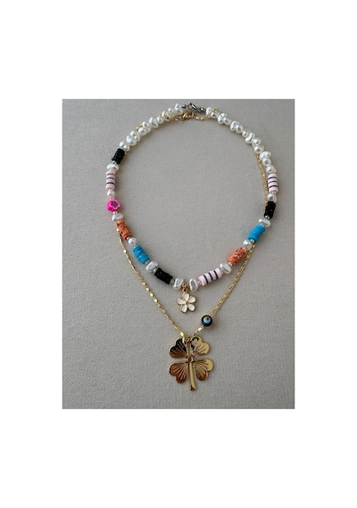 Papatyalı Rengarenk Fimo Ve Yoncalı Gold Zincir Kolye Seti Altın Altın