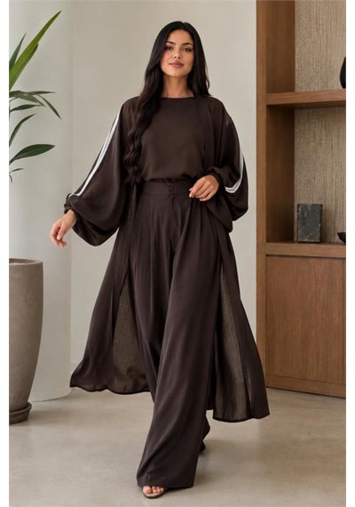 Neşeli Butik Kadın Kahve Şerit Detaylı Oversize Tunik Pantolon İkili Tesettür Takım Nms102 Kahverengi