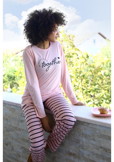Akbeniz Kadın Penye Uzun Kol Pijama Takım 4190 - L Pembe