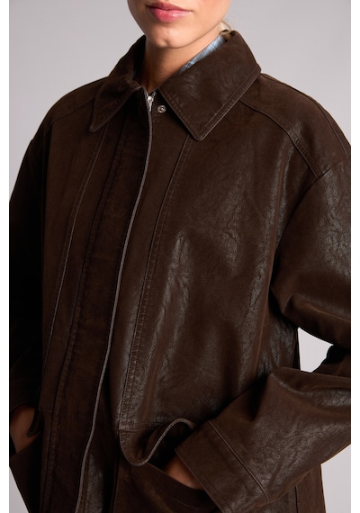 Defacto Regular Fit Polo Yaka Fermuarlı Cepli Suni Deri Mont H3754ax26aubn604 Kahve-bn604