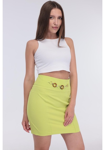 Selectmoda Kadın Zincir Toka Detaylı Modern Şık Mini Etek Yeşil