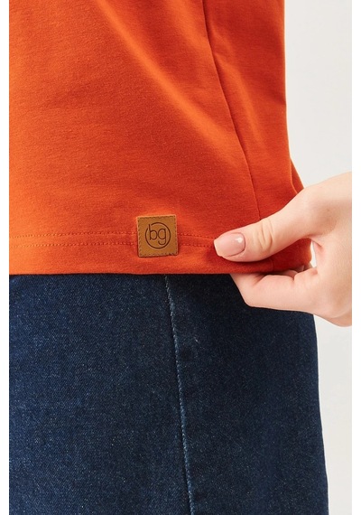 Kadın Rahat %100 Pamuklu Penye Bisiklet Yaka Kısa Kol Basic T-shirt Kiremit
