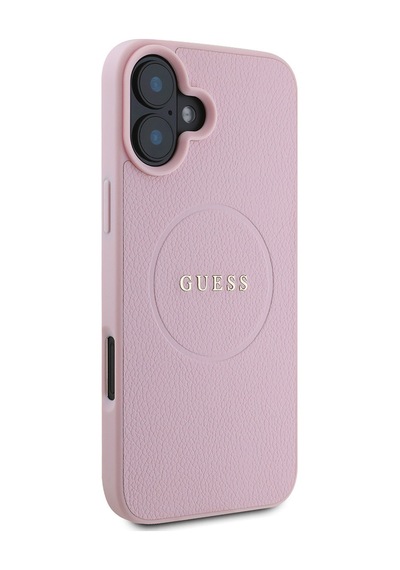 Apple iPhone 16 Plus Uyumlu Kılıf Guess Lisanslı Magsafe Şarj Özellikli Yazı Logolu Grained Kapak Pembe