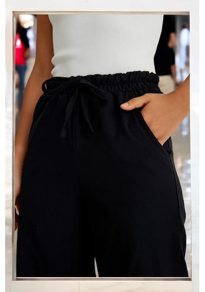 Yazlık Beli Lastikli Keten Pantolon siyah