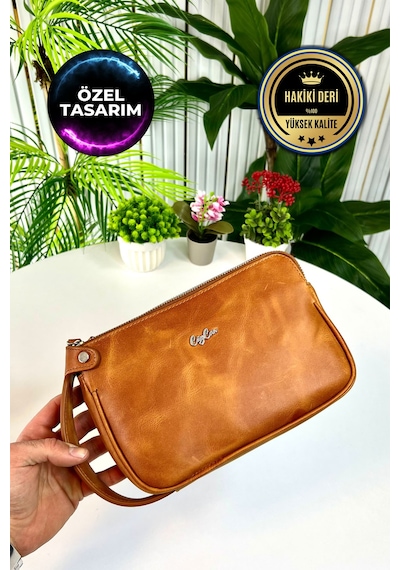 Rewoler Antik Taba Çift Fermuarlı Hakiki Deri El Çantası Antik Taba