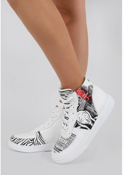 Kadın Vegan Deri Beyaz High Sneakers - Edvard Munch The Scream Muse Tasarım Çok Renkli