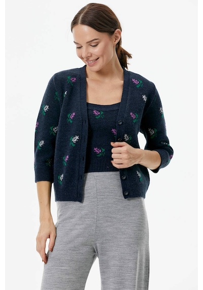 Sementa Çiçek Motifli Crop Triko Takım - Lacivert 001