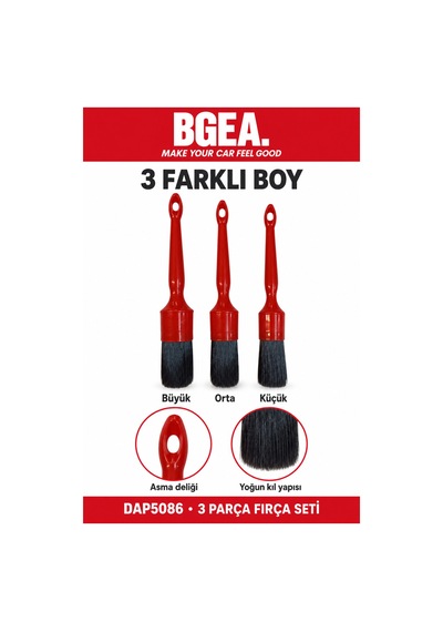 Bgea Premium 3 Parça Detaylı Temizlik Fırça Seti Kırmızı