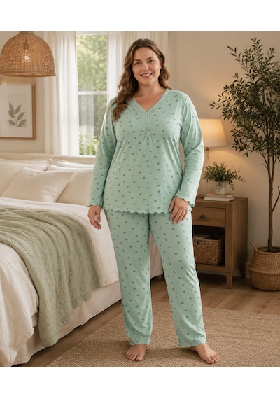 Derya Kadın Büyük Beden Dantel Yaka Bambu Uzun Kol İnce Pijama Takımı 8141y - 1 Adet Yeşil Derya Kadın Büyük Beden Dantel Yaka Bambu Uzun Kol İnce Pijama Takımı 8141y - 1 Adet Yeşil