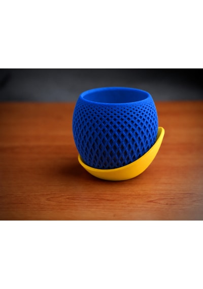 3d Baskı Küre Saksı - Kafes Dokulu İki Parçalı Dekoratif Saksı - Mavi-sarı