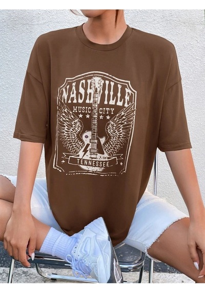 Flood Of Style Kadın Kahverengi Nashvılle Baskılı Oversize Bisiklet Yaka Tişört