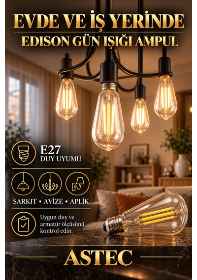 Astec E27 Edison Gün Işığı Ampul 8 Watt 3200k Gün Işığı Dekoratif Filament Led