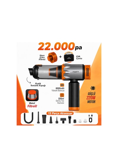 Matt Mcv22 9000mah Güçlü Bataryalı Araç Süpürgesi 22.000pa Kablosuz Şarjlı El Tipi 220w Vakum & Üfleme Turuncu