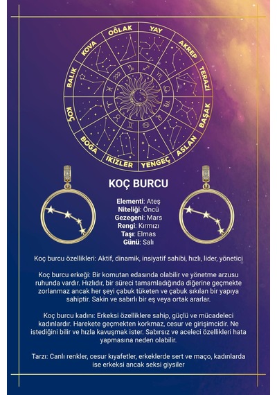 14 Ayar Altın Koç Burcu Kolye Ucu Burç Yıldız Haritası Sarı Altın