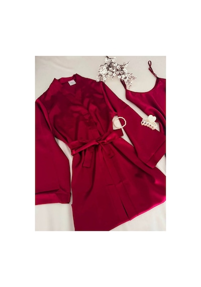Mh Moony Homewears 2'li Bordo Saten Gecelik Sabahlık Seti Bordo