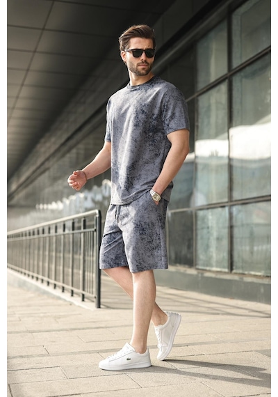 Madmext Lacivert Batik Desenli Overfit Şort T-shirt Takım E7357 Lacivert