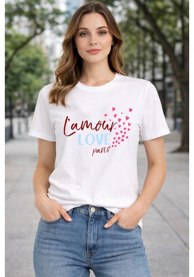 Herkesemoda Lamour Love Baskı Detaylı Basic T-shırt Beyaz