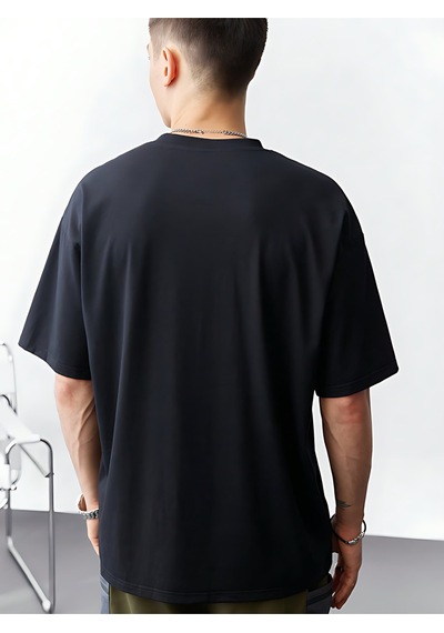 Kulaklık T-shirt - Baskılı Oversize Bisiklet Yaka Kısa Kol Tişört Siyah
