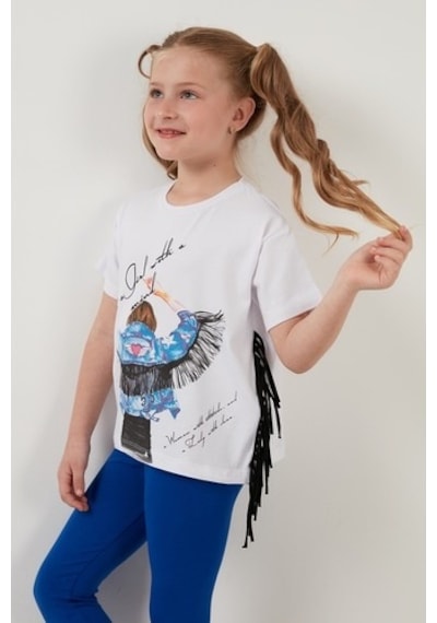 Lela Pamuklu Baskılı Püskül Detaylı Bisiklet Yaka Kız Çocuk T Shirt 6211020 Beyaz