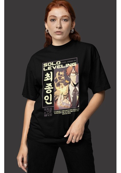Solo Leveling Choi Jong-ın Baskılı Unisex Oversize Anime Karakter Siyah