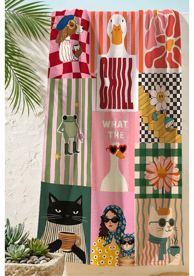 Retro İtalyan Figürlü Patchwork Plaj Havlusu - Bohem Renkli Modern Havuz Deniz Banyo Sahil Örtüsü Donuk Kumul