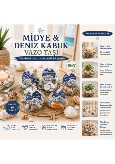 15 Adet Fileli Renkli Mix Eko Midye - Deniz Kabuk Vazo Taşı 5705
