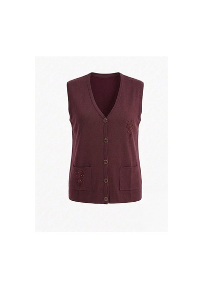 Onno Style Women Cebi Taşlı Çelik Örgü Klasik Triko Yelek Bordo