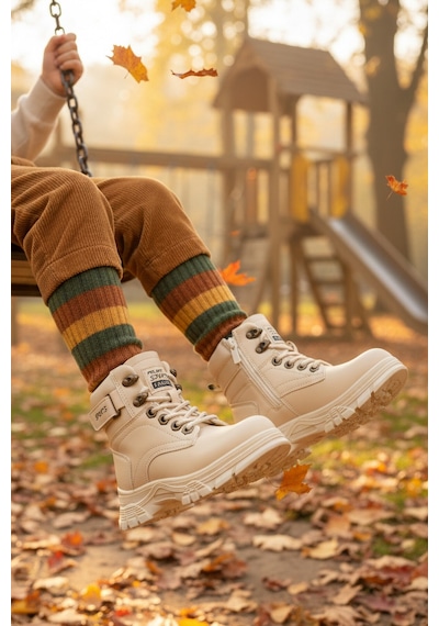 Bej İçi Polarlı Kaymaz Taban Unisex Çocuk Bot 24035 F Bej