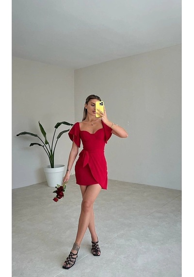 Fashion Cocktail Yaprak Kol Önden Bağlamalı Göğüs Pedli Mini Kokteyl Davet Gece Elbisesi Mercan Fashion Cocktail Yaprak Kol Önden Bağlamalı Göğüs Pedli Mini Kokteyl Davet Gece Elbisesi Mercan