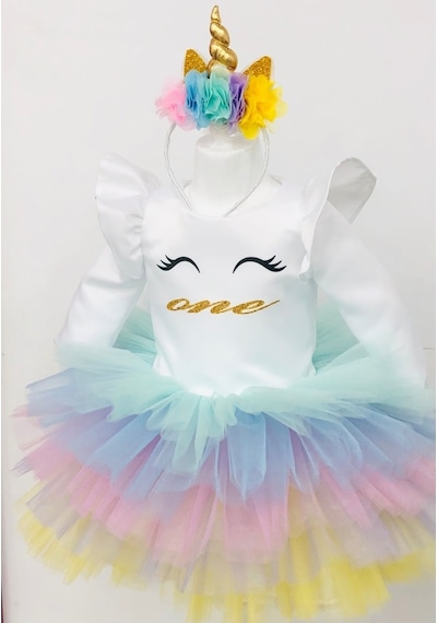 Unicorn Model Beyaz Kız Çocuk Bebek Abiye Elbise Kostüm