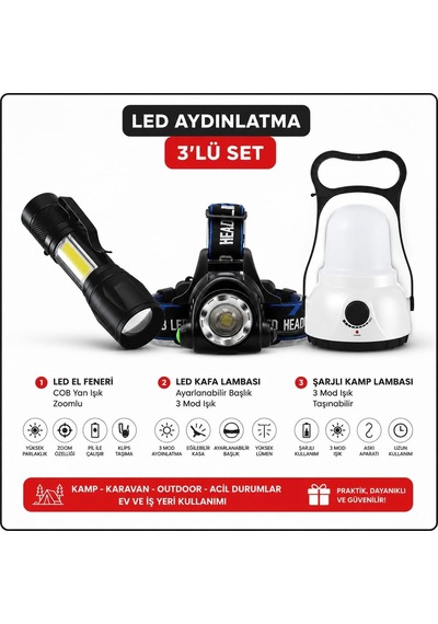 3'lü Şarjlı Led Fener Seti Usb Şarjlı El Feneri Kafa Lambası Kamp Lambası Güçlü Işık Acil Durum Outdoor Diğer