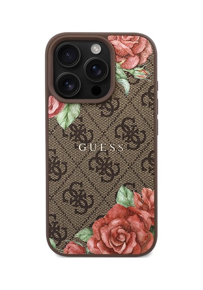 Apple Uyumlu iPhone 16 Pro Max Kılıf Guess Lisanslı Magsafe Gül Baskılı 4g Desenli Yazı Logolu Kahverengi