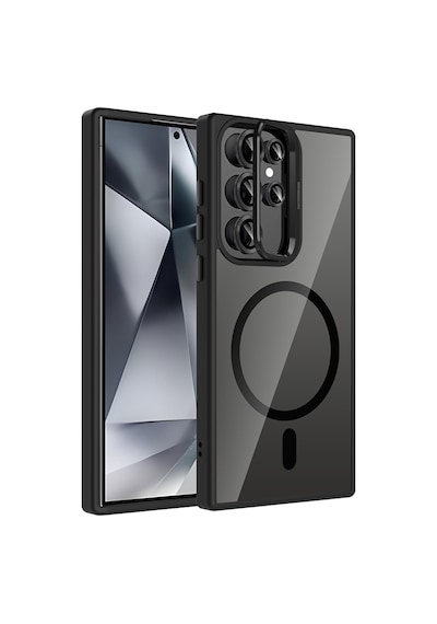 Galaxy Uyumlu S24 Ultra Kılıf Standlı + Kamera Lens Koruma Setli M-safe Şarj Özellikli Mkst Siyah Siyah