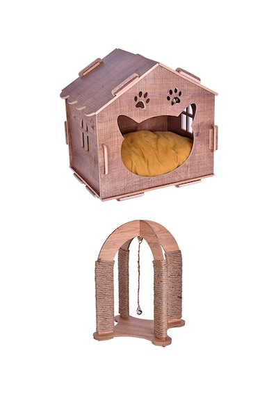 Mini Şato Kalın Ahşap Lüks Kedi Evi Ve Çift Taraflı Kedi Tırmalam