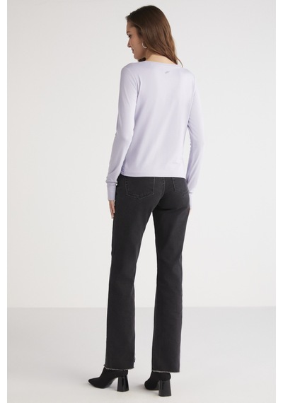 Ethıquet Genesıs Kadın Slim Fit Dar Kesim Önü Nervürlü Drape Detaylı Yuvarlak Yaka Crop Lila Bluz