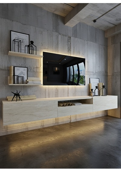 Resital Ledli Duvara Monte Tv Sehpası - Traverten - W6019-8 Traverten