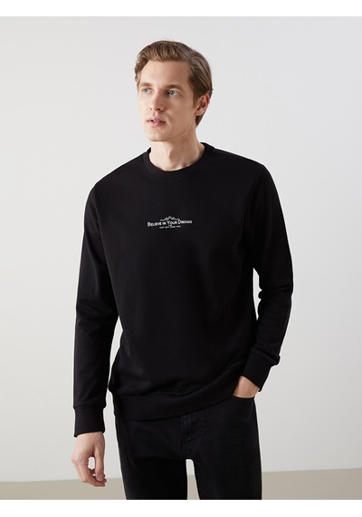 Lcwaıkıkı Classic Siyah Bisiklet Yaka Uzun Kollu Baskılı Erkek Sweatshirt