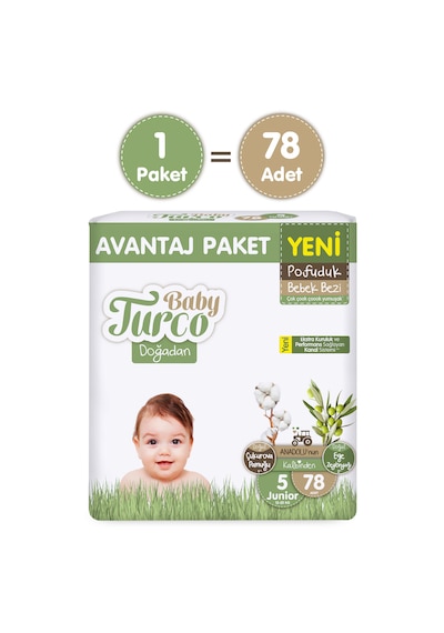 Baby Turco Doğadan Avantaj Paketi Pofuduk Bebek Bezi 5 Numara Junior 78 Adet