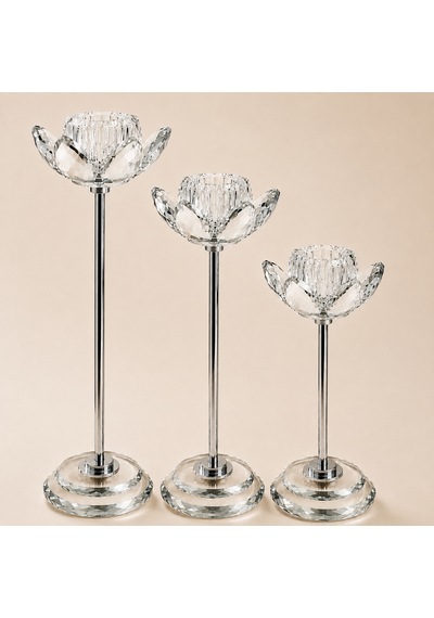 Kristal Lotus Şamdan 3'lü Gümüş Dekoratif Cam Mumluk