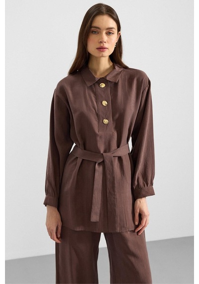 Olcay Metal Düğmeli Soft Kumaş Tunik Pantolon İkili Takım Kahve 9397-tk