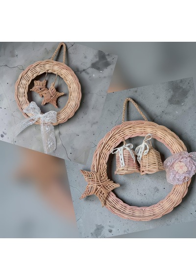 Handanrattan El Örgüsü Rattan Kapı Süsü - Yıldız Ve Çan Figürlü Bohem Duvar Dekorasyonu İkili Set: Yıldız 22 Cm & Çan 27 Cm