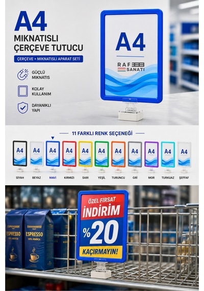 5 Adet - A4 Güçlü Mıknatıs Tutuculu Fiyatlık Etiketlik Dikey Yatay Ve Bilgilendirme Çerçevesi Mavi