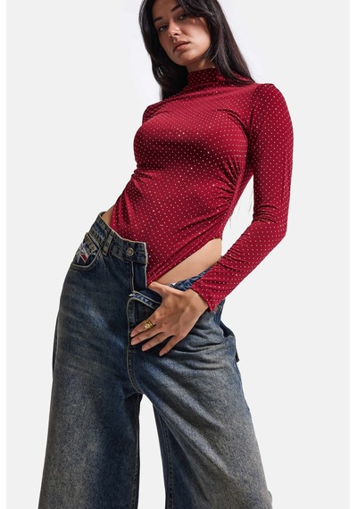 Kadın W6-35 Snap Body Suit Parlak Taşlı Tasarım Body Bordo