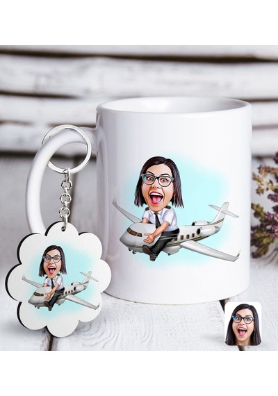 Kişiye Özel Bayan Kaptan Pilot Karikatürlü Beyaz Kupa Ve Anahtarl