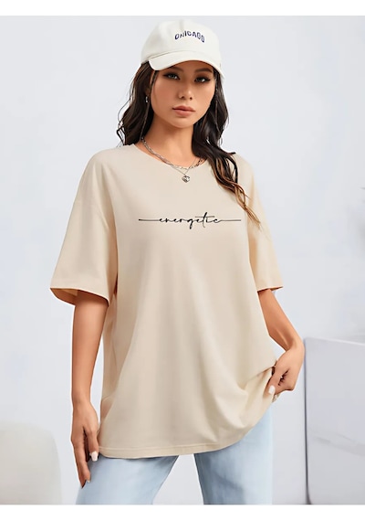 Energetic Yazılı T-shirt - Bej Baskılı Oversize Bisiklet Yaka Kısa Kol Tişört Bej