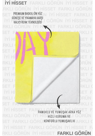 Yazı Temalı Sarı Plaj Havlusu - Modern Pembe Tipografik Havuz Deniz Hızlı Kuruyan Mikrofiber Havlu Donuk Kabuğu