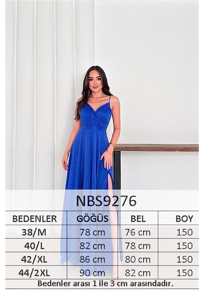 Neşeli Butik Kadın Ayarlanabilir Askılı Yırtmaçlı Tül Abiye Elbise Rys9276 Mavi