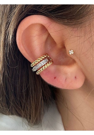 Pinery Jewels Vıp Seri - 3 Sıra Altın Gümüş Renk Kadın Earcuff Kıkırdak Küpe Altın