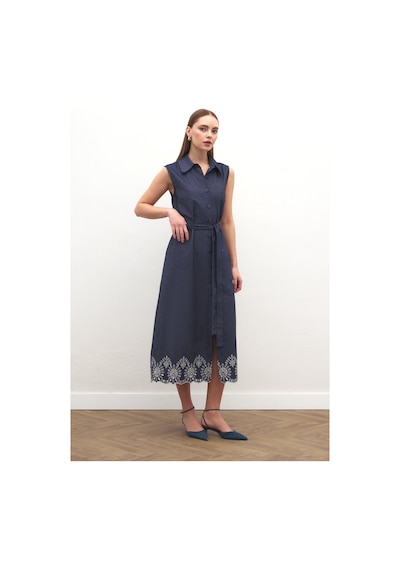 Sateen Nakış Detaylı Uzun Elbise - Lacivert-137169 Lacivert