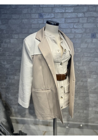 Kadın Krem Keten Tüvit Mix Blazer Ceket Krem